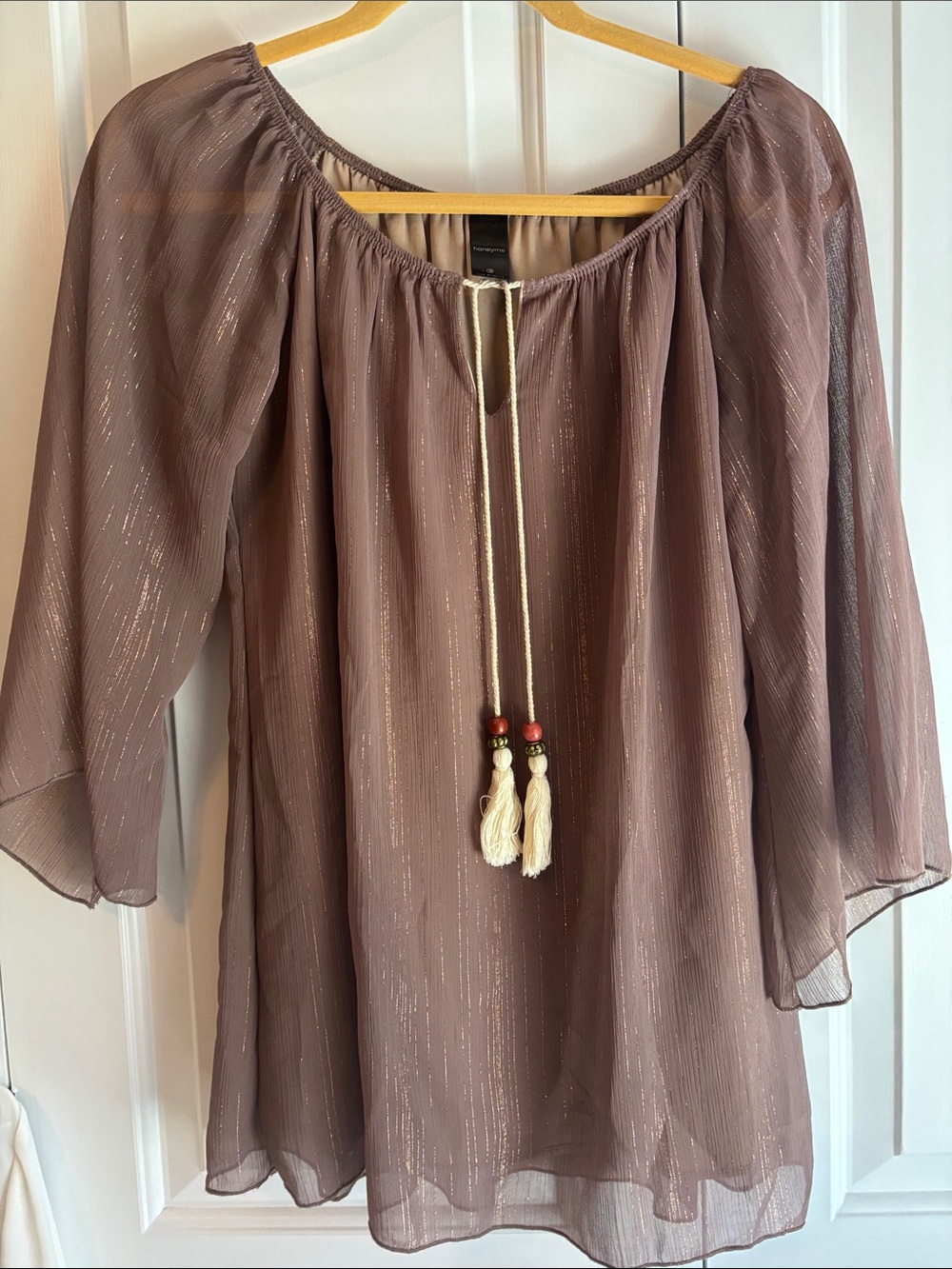 HoneyMe Small Brown Boho Peasant Top with Tassel Tie